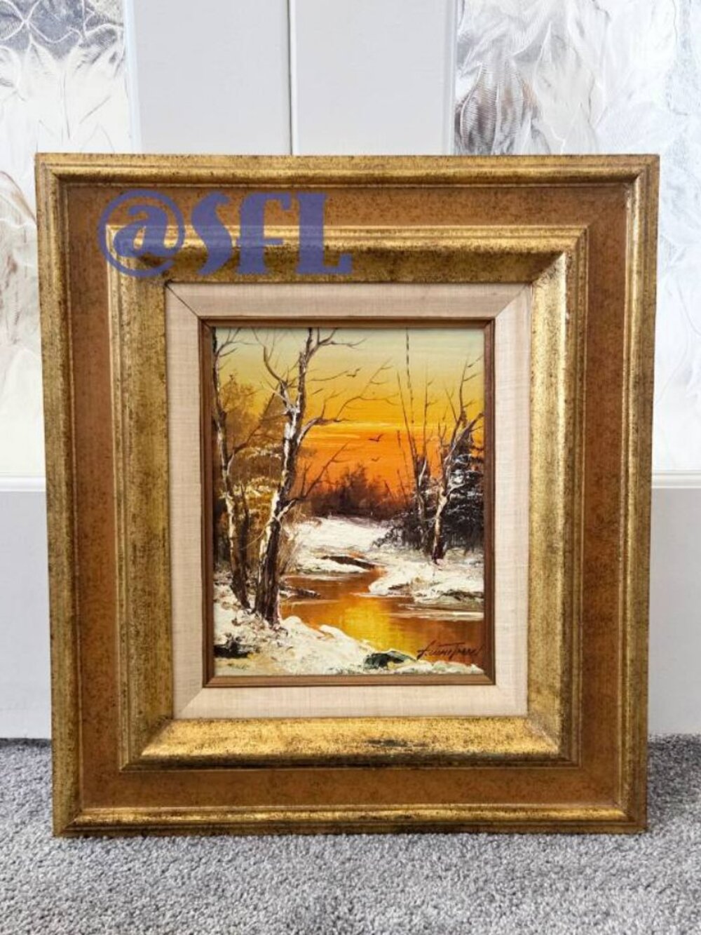 Vtg Original Oil Painting By Artist Sunset Forest Trees Scene Signed And Framed